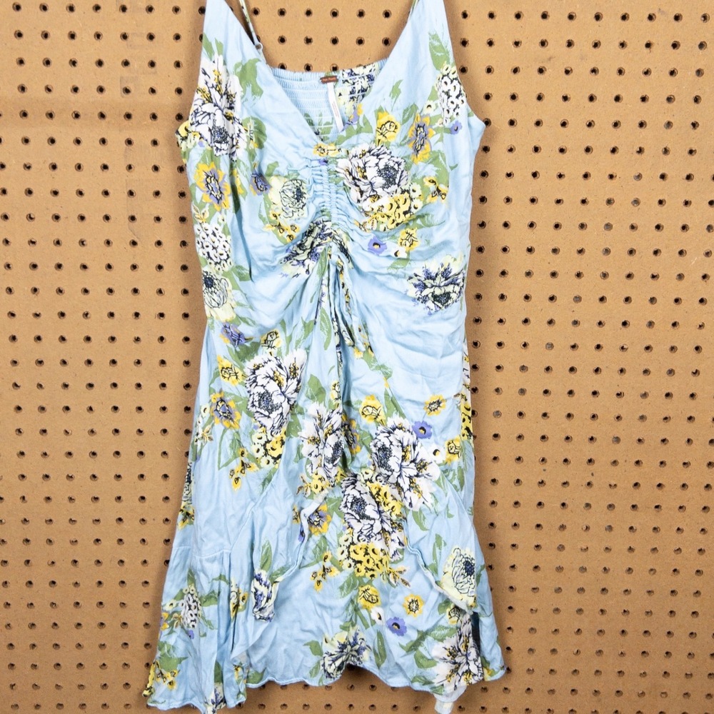Free People Blue Floral Ruched Mini Dress Sleeveless Smocked Back Small S